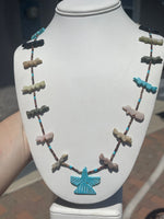 Vintage Zuni Fetish Animals Necklace Turquoise Thunderbird Pendant Multiple Gemstones Southwestern Native American Indian Sterling Silver