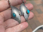 Vintage Native American Turquoise Gemstone Feather or Leaf - leaves Dangle Drop Earrings Southwestern Sterling Silver