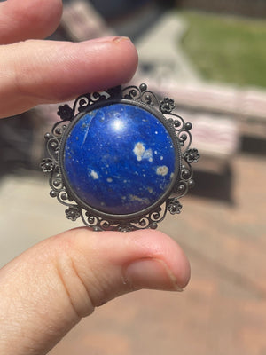 Big Antique Victorian 800 Silver Lapis Lazuli Gemstone filigree Brooch Rare