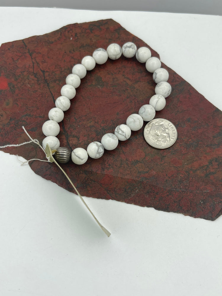 Lovely White Buffalo/ White Turquoise Ball Beaded Stretch Designer Bracelet Peyote Bird Sterling Silver