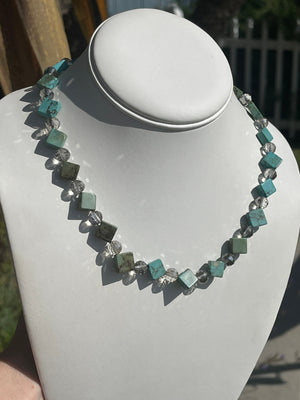 Beautiful Turquoise & Crystals Beaded Necklace Sterling Silver