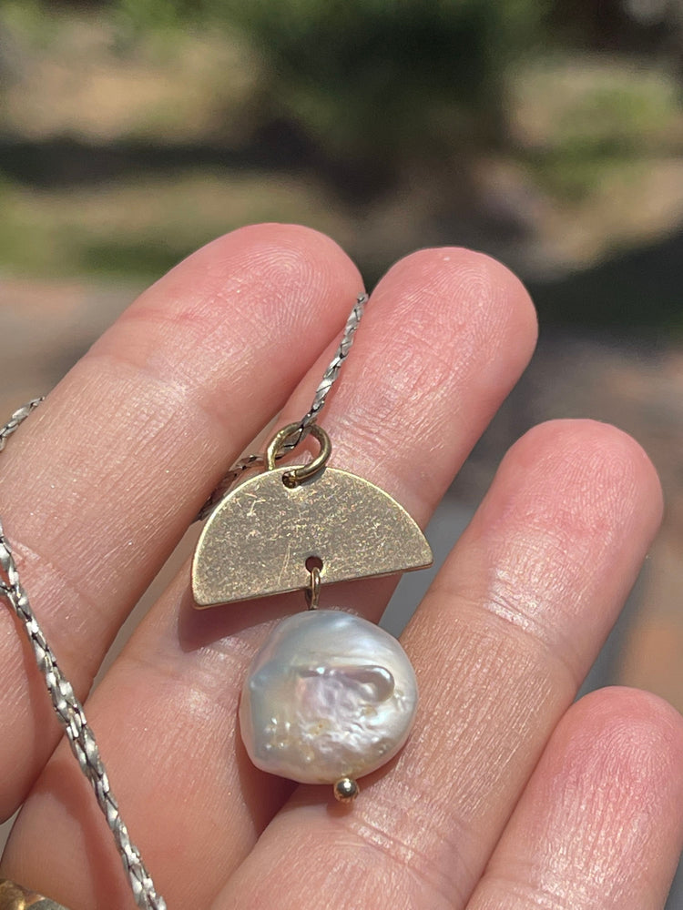 Vintage Modernist Abstract Earrings and Pendant / Necklace Set Sterling Sterling  White iridescent Coin Pearl Gold Over Silver Geometric