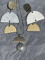Vintage Modernist Abstract Earrings and Pendant / Necklace Set Sterling Sterling  White iridescent Coin Pearl Gold Over Silver Geometric