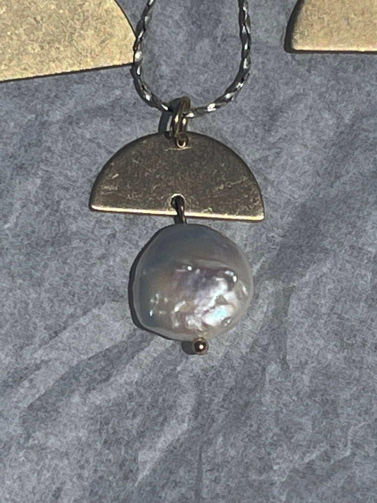 Vintage Modernist Abstract Earrings and Pendant / Necklace Set Sterling Sterling  White iridescent Coin Pearl Gold Over Silver Geometric