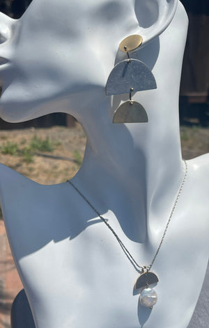 Vintage Modernist Abstract Earrings and Pendant / Necklace Set Sterling Sterling  White iridescent Coin Pearl Gold Over Silver Geometric