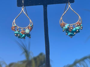 Vintage Designer Leach and Garner Rare Turquoise + Carnelian Gemstones Sterling Silver Dangles