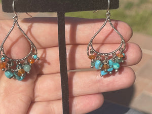 Vintage Designer Leach and Garner Rare Turquoise + Carnelian Gemstones Sterling Silver Dangles