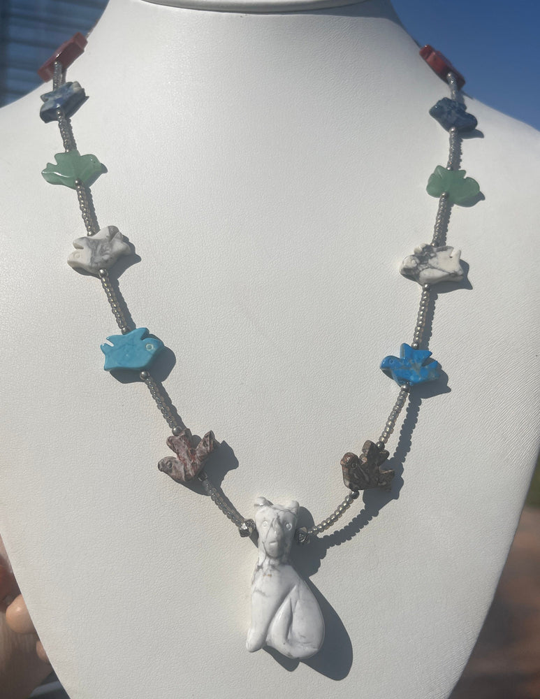 Unique Carved Kitty Cat + Birds Fetish Necklace White Buffalo AKA White Turquoise Kitten Multiple other Gemstones Southwestern - Native