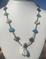 Unique Carved Kitty Cat + Birds Fetish Necklace White Buffalo AKA White Turquoise Kitten Multiple other Gemstones Southwestern - Native
