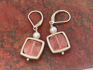 Vintage Designer Leach and Garner Pink Gemstone Pearl Sterling Silver 925  Drop Earrings