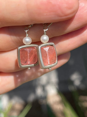 Vintage Designer Leach and Garner Pink Gemstone Pearl Sterling Silver 925  Drop Earrings