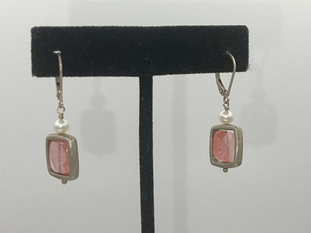 Vintage Designer Leach and Garner Pink Gemstone Pearl Sterling Silver 925  Drop Earrings