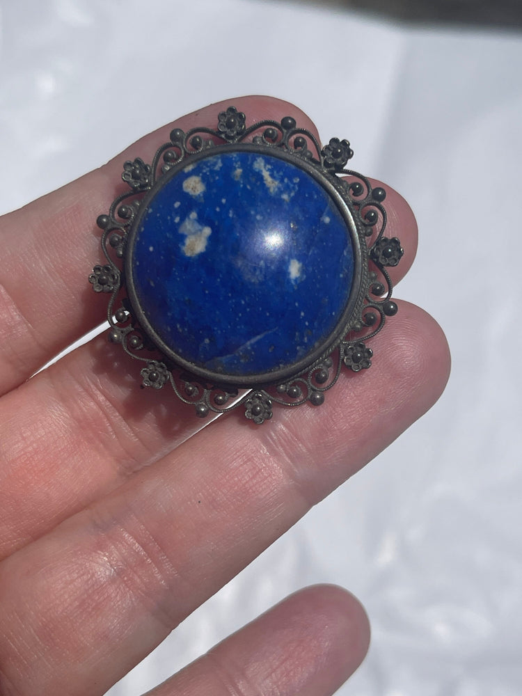Big Antique Victorian 800 Silver Lapis Lazuli Gemstone filigree Brooch Rare