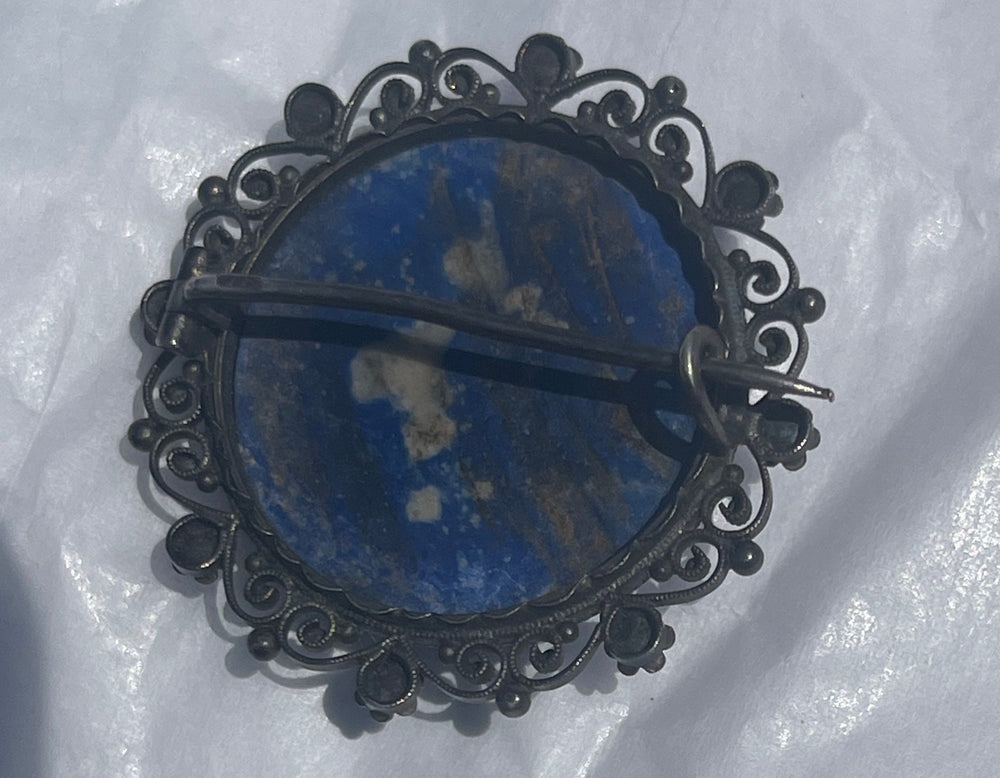 Big Antique Victorian 800 Silver Lapis Lazuli Gemstone filigree Brooch Rare