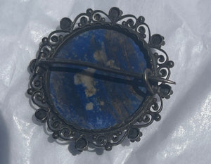 Big Antique Victorian 800 Silver Lapis Lazuli Gemstone filigree Brooch Rare