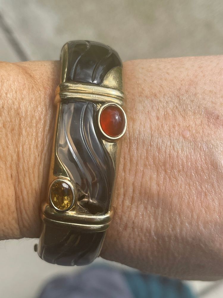 Vintage Designer Kai Yin Lo Bracelet natural Gemstones gold over Sterling Silver, Modernist Carnelian and Topaz Or Citrine Bangle - Cuff