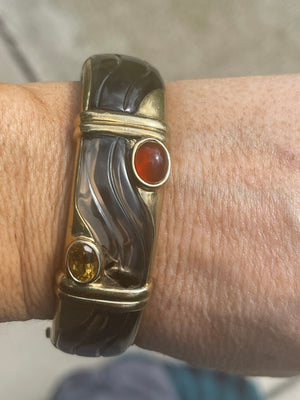Vintage Designer Kai Yin Lo Bracelet natural Gemstones gold over Sterling Silver, Modernist Carnelian and Topaz Or Citrine Bangle - Cuff