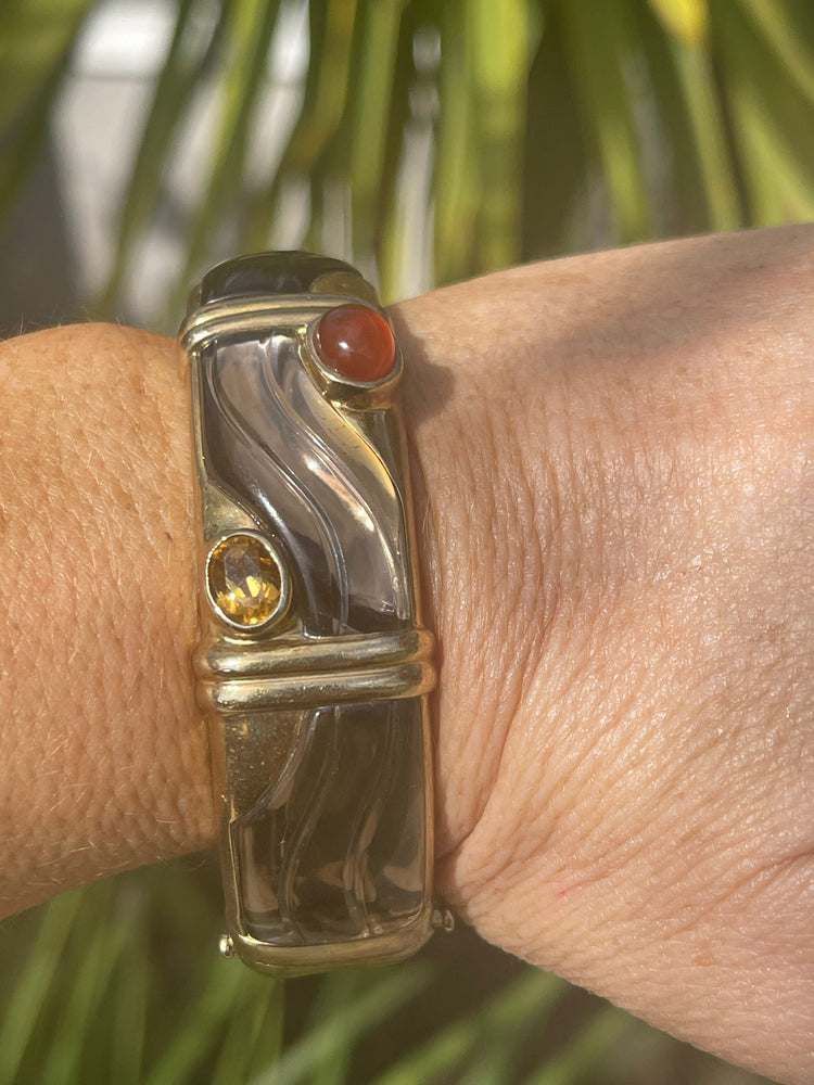 Vintage Designer Kai Yin Lo Bracelet natural Gemstones gold over Sterling Silver, Modernist Carnelian and Topaz Or Citrine Bangle - Cuff