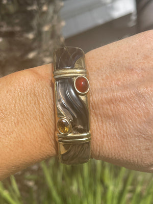 Vintage Designer Kai Yin Lo Bracelet natural Gemstones gold over Sterling Silver, Modernist Carnelian and Topaz Or Citrine Bangle - Cuff