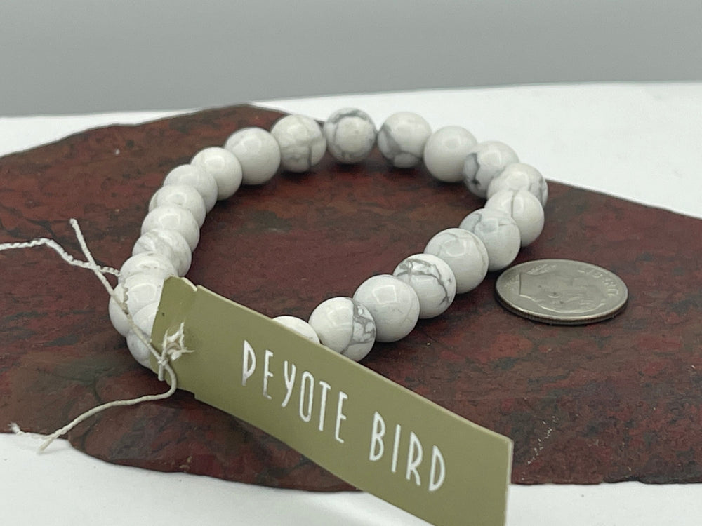 Lovely White Buffalo/ White Turquoise Ball Beaded Stretch Designer Bracelet Peyote Bird Sterling Silver