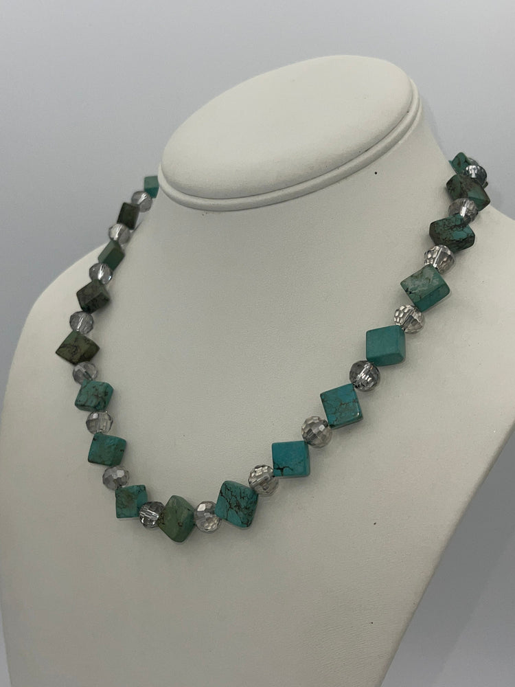 Beautiful Turquoise & Crystals Beaded Necklace Sterling Silver
