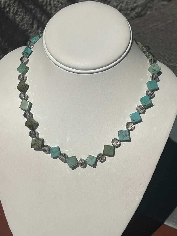 Beautiful Turquoise & Crystals Beaded Necklace Sterling Silver