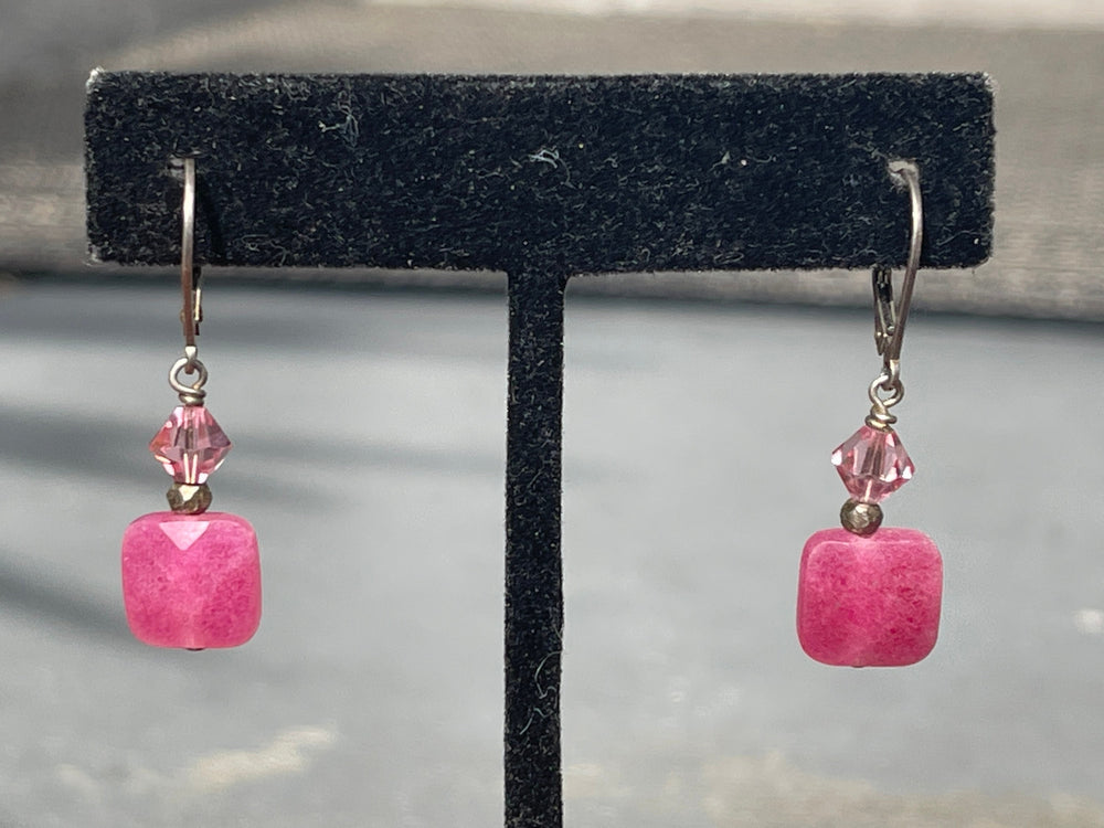 Vintage Designer Leach and Garner Pink Gemstone & Crystals Earrings Sterling Silver 925