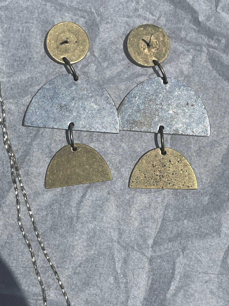 Vintage Modernist Abstract Earrings and Pendant / Necklace Set Sterling Sterling  White iridescent Coin Pearl Gold Over Silver Geometric