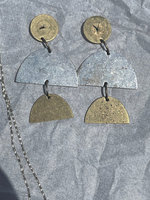 Vintage Modernist Abstract Earrings and Pendant / Necklace Set Sterling Sterling  White iridescent Coin Pearl Gold Over Silver Geometric