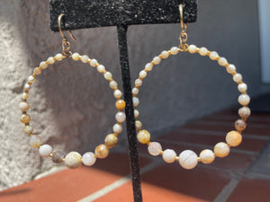Big Vintage Gorgeous White Agate Gemstone Beaded Hoop Earrings Sterling Silver / Gold Vermeil Ear Hooks