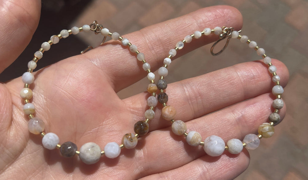 Big Vintage Gorgeous White Agate Gemstone Beaded Hoop Earrings Sterling Silver / Gold Vermeil Ear Hooks