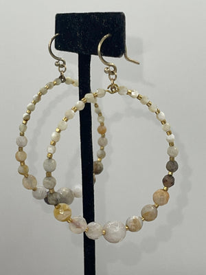 Big Vintage Gorgeous White Agate Gemstone Beaded Hoop Earrings Sterling Silver / Gold Vermeil Ear Hooks