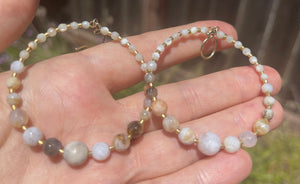 Big Vintage Gorgeous White Agate Gemstone Beaded Hoop Earrings Sterling Silver / Gold Vermeil Ear Hooks