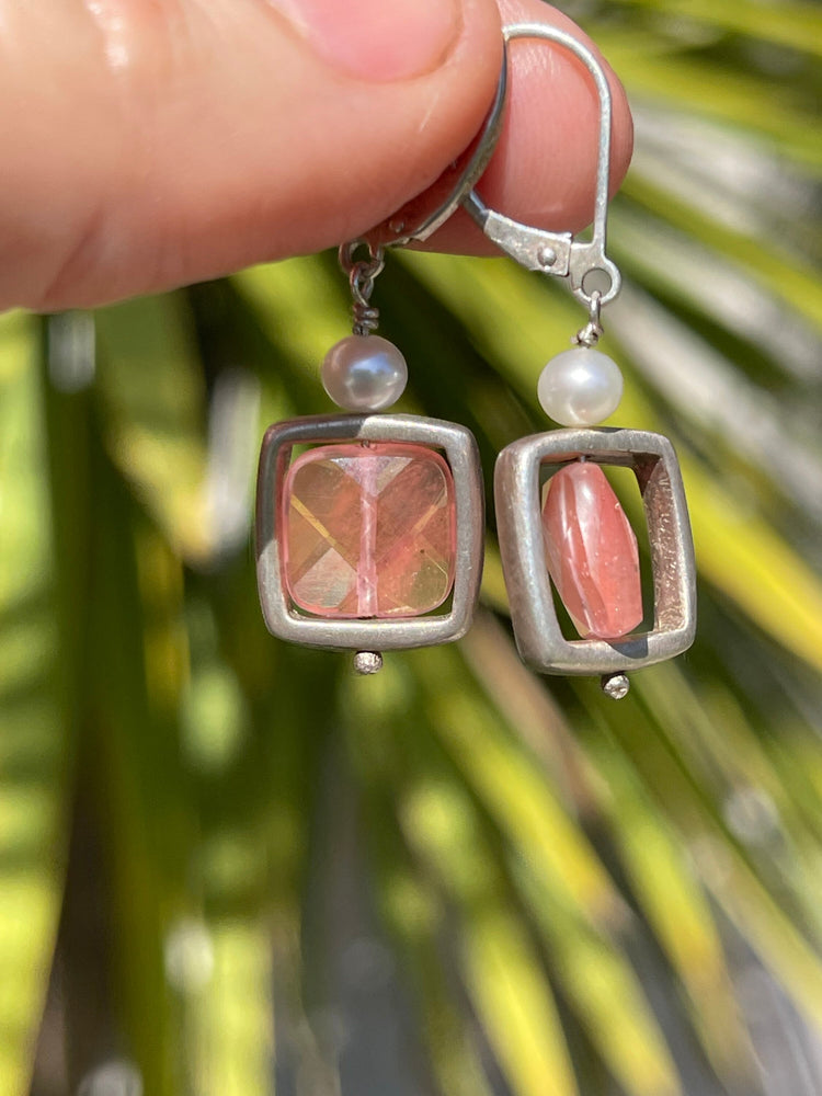 Vintage Designer Leach and Garner Pink Gemstone Pearl Sterling Silver 925  Drop Earrings