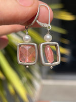 Vintage Designer Leach and Garner Pink Gemstone Pearl Sterling Silver 925  Drop Earrings