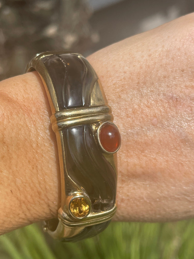Vintage Designer Kai Yin Lo Bracelet natural Gemstones gold over Sterling Silver, Modernist Carnelian and Topaz Or Citrine Bangle - Cuff