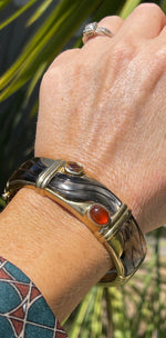 Vintage Designer Kai Yin Lo Bracelet natural Gemstones gold over Sterling Silver, Modernist Carnelian and Topaz Or Citrine Bangle - Cuff
