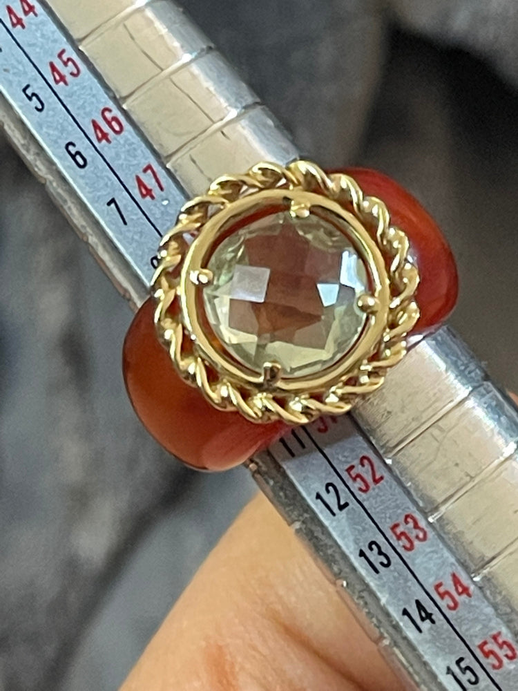 Vintage Stunning Carnelian Band Ring w Big Prasiolite Center Stone Set in Solid 14k Yellow Gold Rare and Unusual Sz 5.25