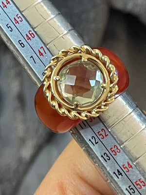 Vintage Stunning Carnelian Band Ring w Big Prasiolite Center Stone Set in Solid 14k Yellow Gold Rare and Unusual Sz 5.25