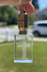 Vintage Crystal - Glass Cross etched Crucifix Pendant Necklace 3d Hologram Lighted Religious / Christian Very Rare and Unusual Collectors