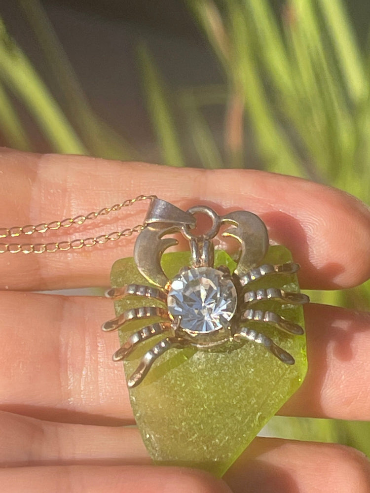 Vintage Green Seaglass Crab Crystal Pendant Necklace w Chain Unusual Sea Glass Rhinestone Tropical- Ocean Gold Over Silver