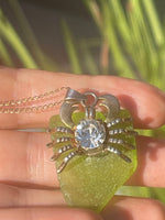 Vintage Green Seaglass Crab Crystal Pendant Necklace w Chain Unusual Sea Glass Rhinestone Tropical- Ocean Gold Over Silver