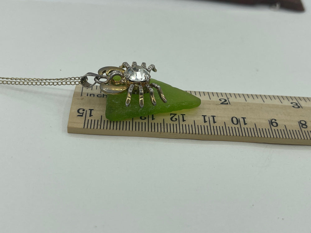 Vintage Green Seaglass Crab Crystal Pendant Necklace w Chain Unusual Sea Glass Rhinestone Tropical- Ocean Gold Over Silver