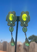 Stunning Vintage Art Glass Clip On Earrings Long Dangles Leather Backs Victorian Style