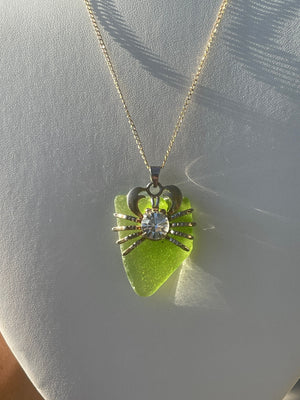 Vintage Green Seaglass Crab Crystal Pendant Necklace w Chain Unusual Sea Glass Rhinestone Tropical- Ocean Gold Over Silver