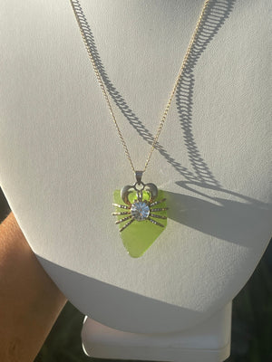 Vintage Green Seaglass Crab Crystal Pendant Necklace w Chain Unusual Sea Glass Rhinestone Tropical- Ocean Gold Over Silver