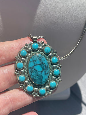 Vintage Nickel Silver Faux Turquoise Southwestern 2 piece bolo tie and pendant necklace with chain lot Bell Trading Company