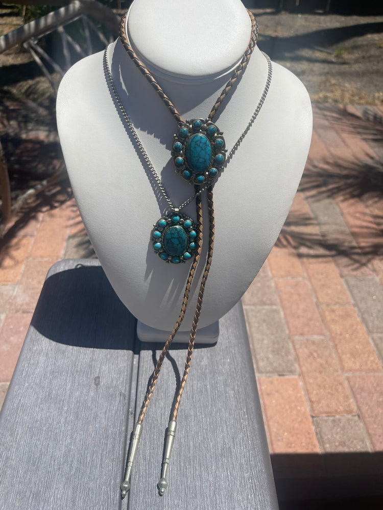 Vintage Nickel Silver Faux Turquoise Southwestern 2 piece bolo tie and pendant necklace with chain lot Bell Trading Company
