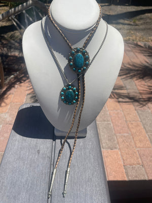 Vintage Nickel Silver Faux Turquoise Southwestern 2 piece bolo tie and pendant necklace with chain lot Bell Trading Company