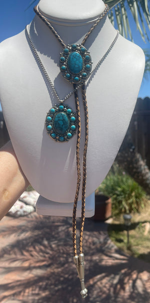 Vintage Nickel Silver Faux Turquoise Southwestern 2 piece bolo tie and pendant necklace with chain lot Bell Trading Company